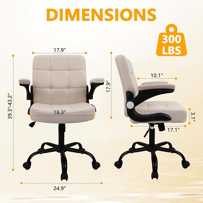 CLATINA Fabric Office Chair Ergonomic Cloth Linen Swivel Desk Chair with Back Support and Padded Flip up Armrests, Executive Rolling Computer Chairs for Work, Conference, Home, Study, Beige, 2 Pack