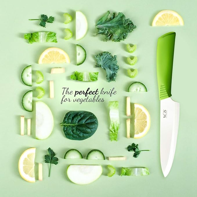 Vos Ceramic Chef Knife 8 Inch with Protection Cover – Large Ceramic Kitchen Knife for Slicing, Dicing, and Fruits – Lightweight Zirconia Blade – Luxury Gift Packaging – Ultra Sharp Chefs Knife (Green)