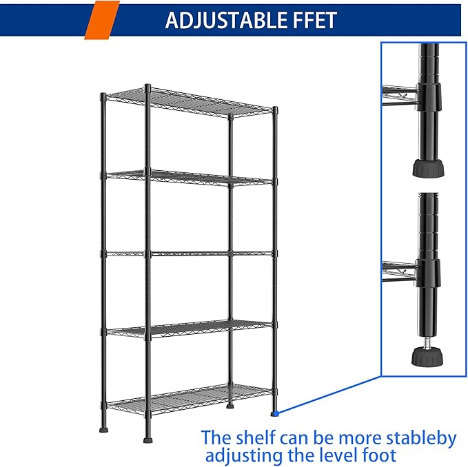 REGILLER 5-Wire Shelving Metal Storage Rack Adjustable Shelves,Standing Storage Shelf Units for Laundry Bathroom Kitchen Pantry Closet(Black,14.1" D x 36.1" W x 71.5" H)