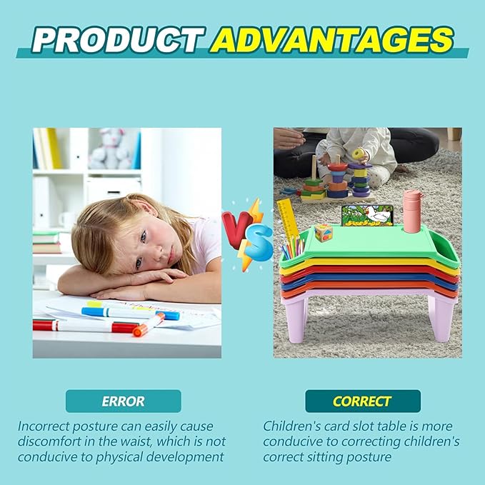 Set of 6 Kids Lap Desk Tray, Portable Activity Table, Plastic, Stackable for Drawing, Writing, Eating, Classroom, 19.69" L x 9.84" W x 7.09" H, (Red+Green+Yellow+Purple+Orange+Blue)