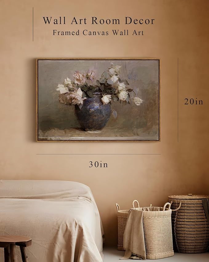 InSimSea Framed Flower Canvas Large Wall Art Prints Decor, Vintage Floral Rustic Decorations for Living Room, Farmhouse Wall Decor for Living Room Bedroom 20x30inch, Roses in Vase