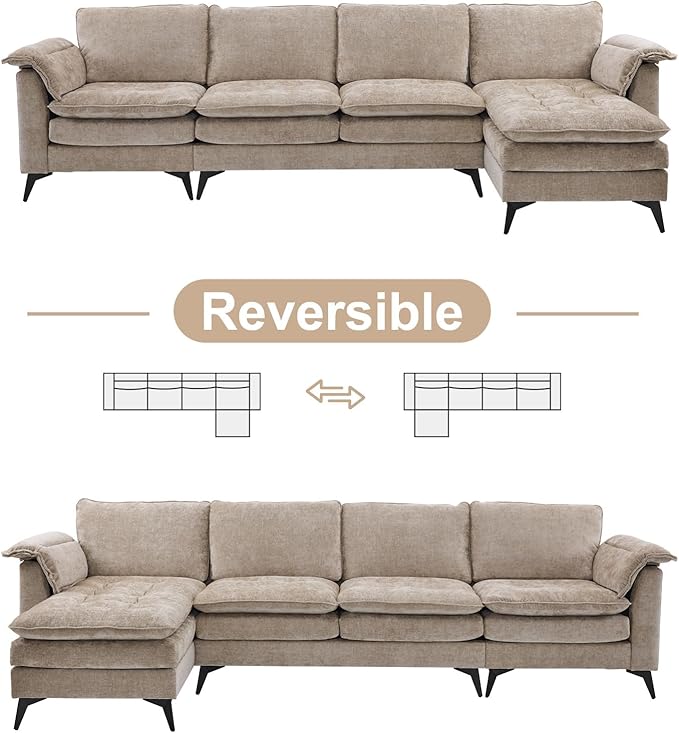 VINGLI 129” Oversized L-Shaped Cloud Sectional Sofa, Memory Foam Couch with Reversible Chaise Lounge, Comfy Couch with Double-Layer Deep Seat Cushions, Modern Sofa for Living Room, Chenille, Khaki