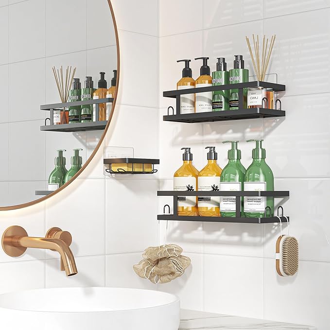 Adhesive Shower Caddy,Shower Shelves with Soap Holder and 12 Hooks,Rustproof No Drilling Bathroom Organizer and Storage,Black,3 Pack