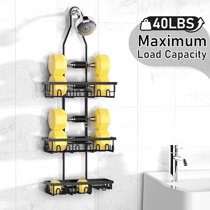 Shower Caddy,Rustproof Shower Shelves Over Shower Head,Extended Length shower rack with Soap Holder,Black