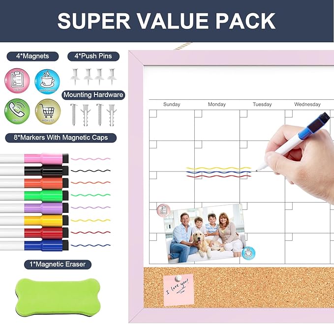 Dry Erase Calendar Cork Board Combo, 18x24 Inches Calendar Whiteboard for Wall, Magnetic White Board with Pink Wood Framed, Dry Erase Board for Planner Office Kitchen Home Memo