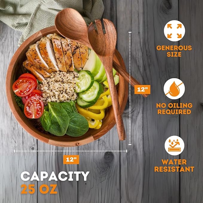 Luxe Designs 12" Wooden Salad Bowl Set with Serving Utensils Eco-Friendly, Multipurpose Mixing & Serving Bowl for Salads, Pasta, Fruits & More – Durable & Stylish Kitchen Essential