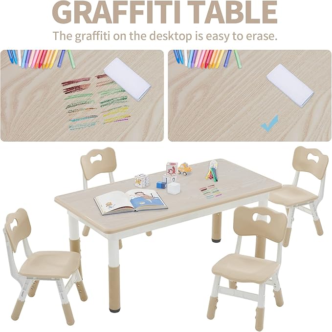 Toddler Table and Chairs Set for 4, 47.2''L x 23.6''W Kids Study Table and Chair Set, Height-Adjustable, Graffiti Desktop, Children Activity Table for Daycare, Classroom, Home