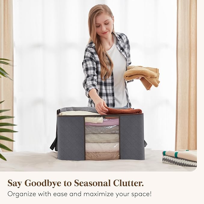 Lifewit 3 Packs Clothes Storage Bag, Storage Bins for Clothes, Blankets, Comforters, Foldable Clothing Storage with Reinforced Handle, Sturdy Zipper, Closet Organizer With Clear Window, Gray