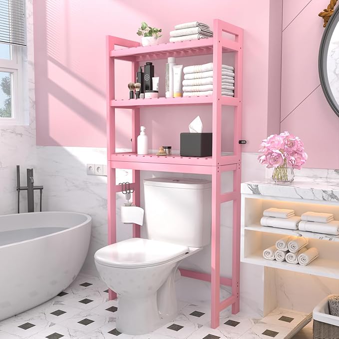 Homykic Bamboo Over The Toilet Storage Shelves, 3-Tier Above Toilet Storage Organizer Rack with 3 Hooks, Freestanding Bathroom Tower Shelf Unit for Small Space, No Rust, Easy to Assemble, Pink