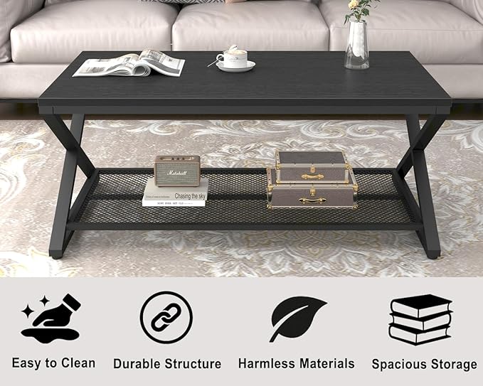 LVB Black Coffee Table, Metal Wood 2 Tier Center Tables with Storage Shelf, Modern Rectangular Cocktail Tea Table for Living Room, Wooden Middle Concrete Table for Office Bedroom, 39 inch, Black Oak