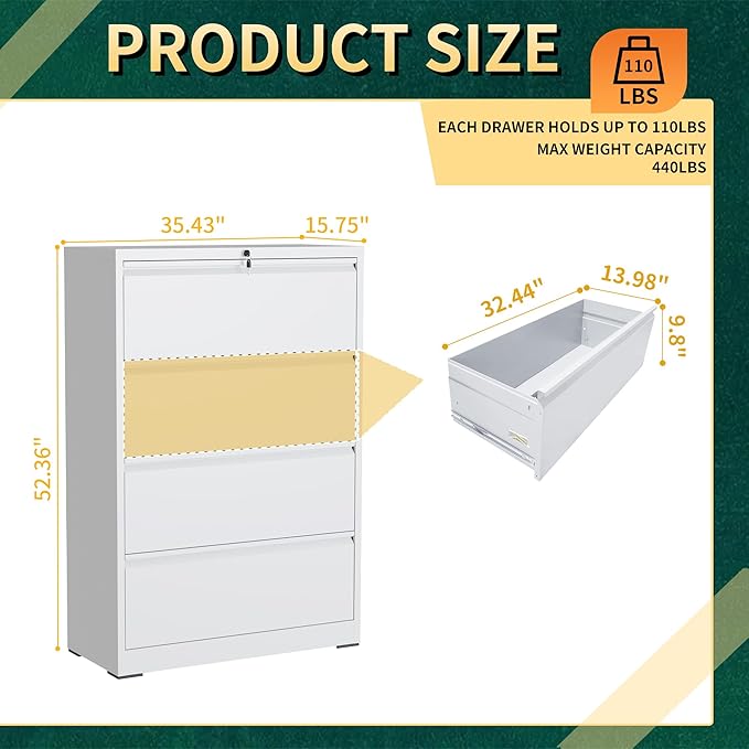 4 Drawer Lateral File Cabinet with Lock, Metal File Cabinets for Home Office, Steel Heavy-Duty Filing Storage Cabinet for Letters/Legal/A4 (Require Assembly, White)