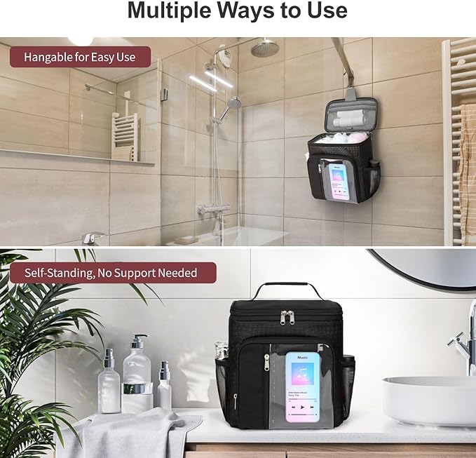 F-color Hanging Shower Caddy Portable - College Dorm Essentials for Guys with Hooks, Quick-Dry Shower Bag for Dorm Travel Gym Camping Essentials, Water-Resistant with Multiple Pockets, Black