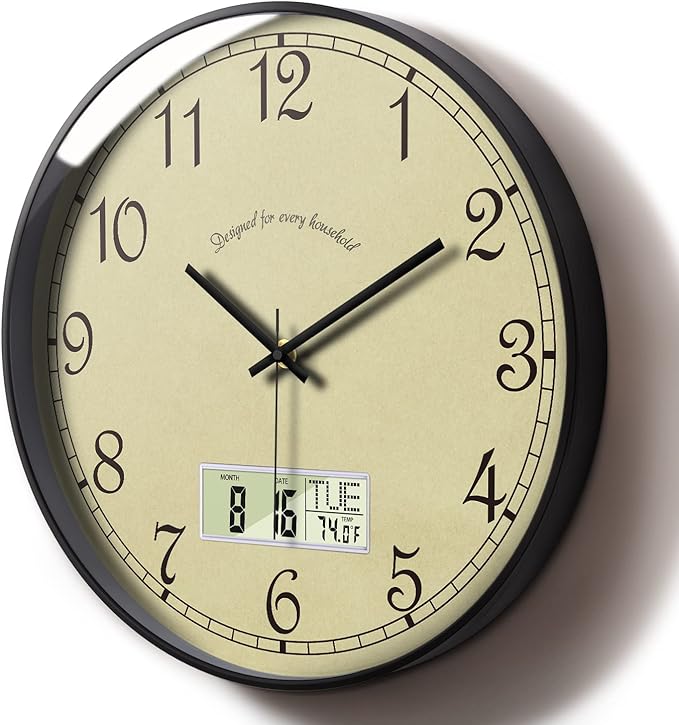 SCAOGE Retro Analog Wall Clock with Date Temperature Day Vintage Ivory Silent Battery Operated Digital Clocks with Week Large Display Clock Decorative for Living Room Kitchen Office Bathroom 12 Inch