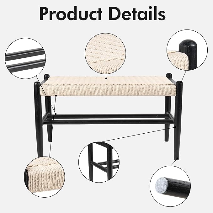 Solid Wood Entryway Bench with Shoe Storage, Rustic Oak Wood and Woven Design 31.5 Inch Long Seating for Living and Dining Rooms,Black