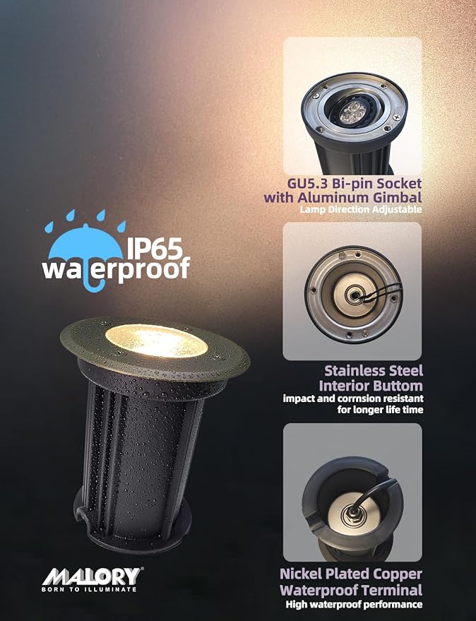 MALORY Brass Top Cover Landscape Well Lights, 12V Low Voltage Outdoor In Ground Lights,Landscape Lighting for Pathway, Driveway and Garden (Open Top, 1-Pack Without Bulb)