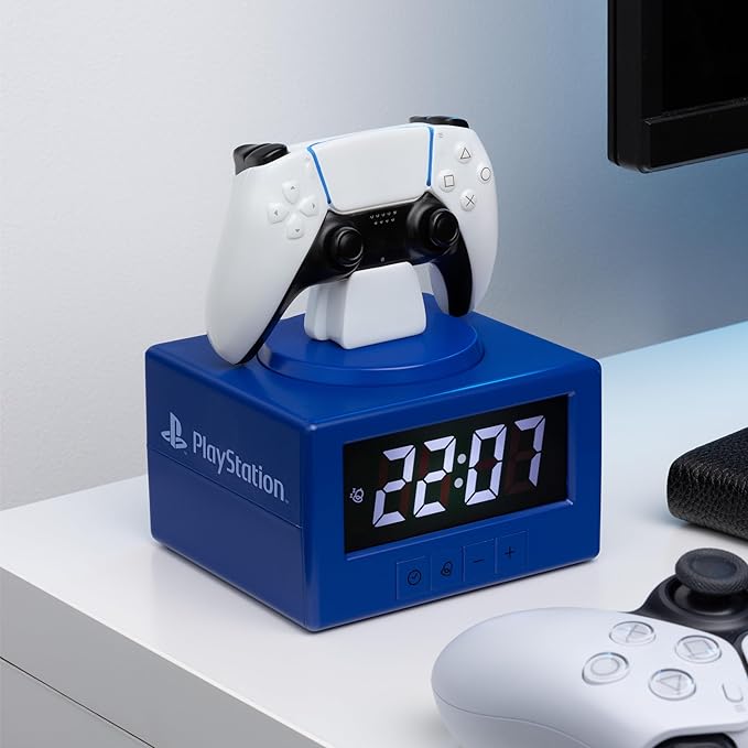 Paladone PlayStation DualSense Controller Digital Alarm Clock with Night Light Function - Officially Licensed Gaming & Bedroom Décor for Kids & Teens, White, Blue