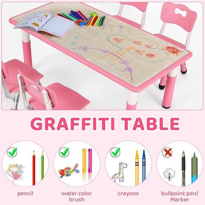 Arlopu Kids Table and 4 Chair Set, Height Adjustable Toddler Table and Chair Set, Non-Slip Legs, Graffiti Desktop, Large Children Activity Table, Reading Daycare Classroom Home (Pink)