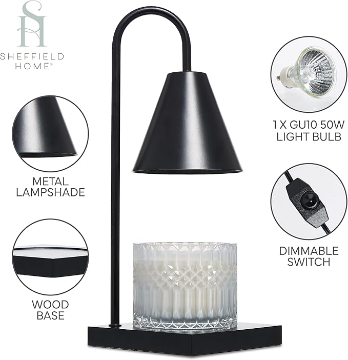 Sheffield Home Glass Candle Warmer Lamp – Black Iron, 13″ Flameless Candle and Wax Melter for Long-Lasting Fragrance – Sleek Decorative Warmer for Home, Bedroom, or Office