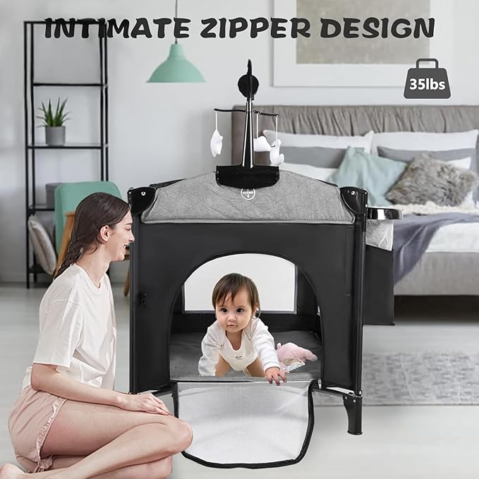 Kinder King 4 in 1 Portable Nursery Center, Foldable Baby Bedside Crib w/Bassinet, Infant Pack n Play Playard Toddler Large Playpen, Newborn Changing Table, Storage Basket, Side Zipper