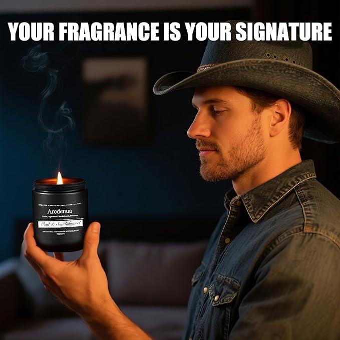 Oud & Sandalwood Candle, Manly Scented Candles for Men, Masculine Candle, Aromatherapy Gifts for Men - 7oz Soy Candles for Home Scented, 50 Hours Burn Time, Perfect for Relaxing Home Fragrance