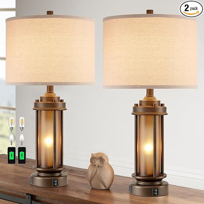 Set of 2 Farmhouse Table Lamps for Living Room, Rustic Vintage Bedside Lamps with 2 USB Ports, Bedroom Nightstand Lamp with Amber Glass Nightlight for End Table Entryway, 4 Bulbs Includes