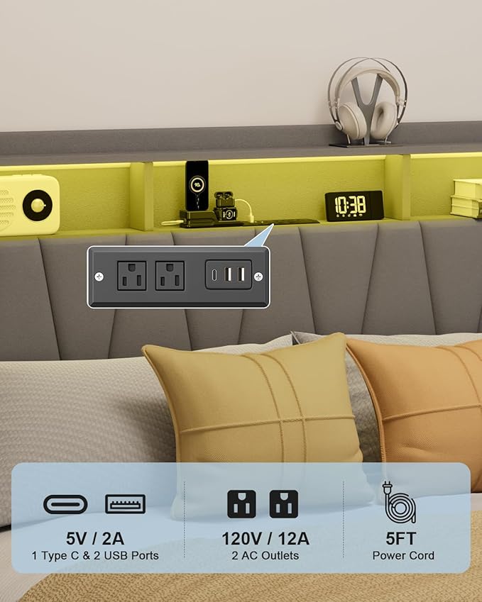 King Size Bed Frame, Velvet Upholstered LED Platform Bed with Headboard Storage, Bed Frame King Built-in Charging Station with 4 Drawers, Wood Slat Support, No Box Spring Needed, Grey