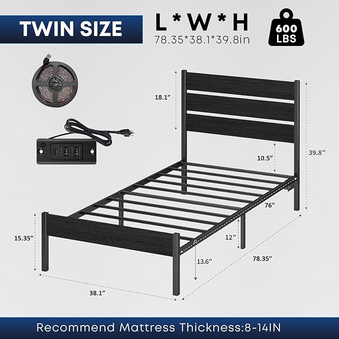 Twin Bed Frame with Headboard,Heavy Duty LED Bed Frame with USB Charging Station,Mattress Foundation-Under Bed Storage, No Box Spring Needed, Noise Free，Black
