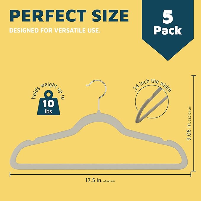 Velvet Clothes Hangers – with 360 Degree Swivel Hook and Non-Slip Shoulder Notch, Holds Up to 10 lbs, Heavy Duty Hanger Set, for Organizing Suit, Dress, Coat, and Clothes, Pack of 5, Ivory
