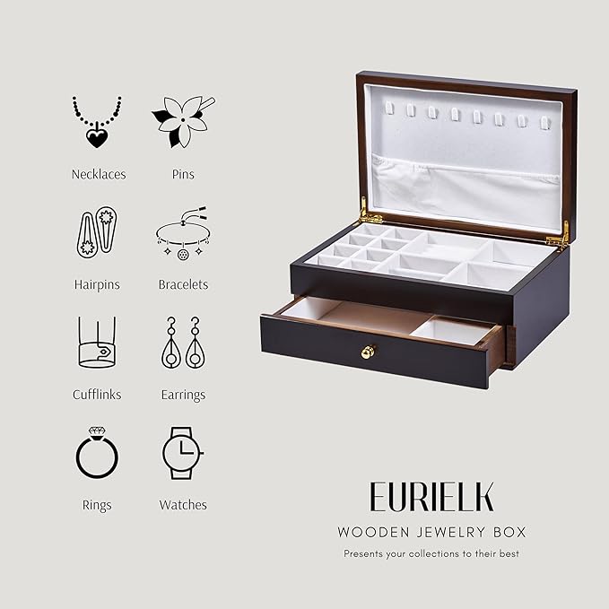 Wooden Jewelry Box with Drawer, Medium Size Real Natural Solid Wood, 2-Layer Vintage Organizer with Earring Storage, Ring Compartments, Necklace Hooks, ek15-m-dark