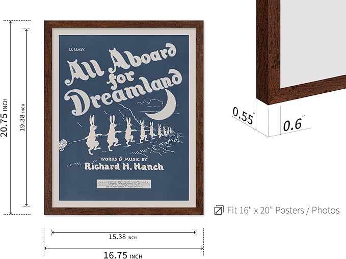 Poster Master All Aboard For Dreamland Poster - Retro Children's Lullaby Print - Story Book Art - Bunny Art - Rabbit Art - Aesthetic Art - Kid's Bedroom or Nursery Wall Decor, 16x20 Brown Framed