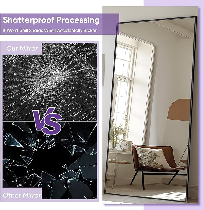 Full Length Mirror, 86"x46" Oversized Floor Mirror Freestanding, Full Body Mirror Floor Standing Mirrors with Stand, Hanging Mounted Mirrors for Bedroom Living Room, Black, Rect Style