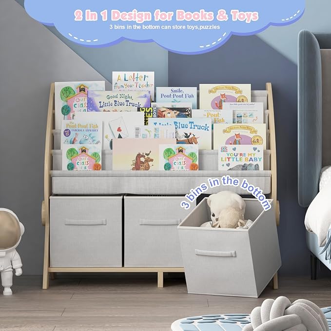 Kids Bookshelf 4 Tier Toddler Book Rack Baby Bookcase with 3 Toy Storage Organizer Cube Bins Fabric Sling Children Bookshelf for Boys Girls Kids Room Nursery Palyroom Book Display Shelf Wood