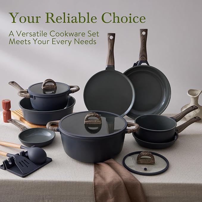 22Pcs Pots and Pans Set Non Stick Non-Toxic Ceramic Cookware Sets Nonstick Kitchen Pot&Pan With Lid Cream Gray Granite Induction Compatible with Glass Lids 10" Griddles Frying Pan PFOA/PFOS-Free