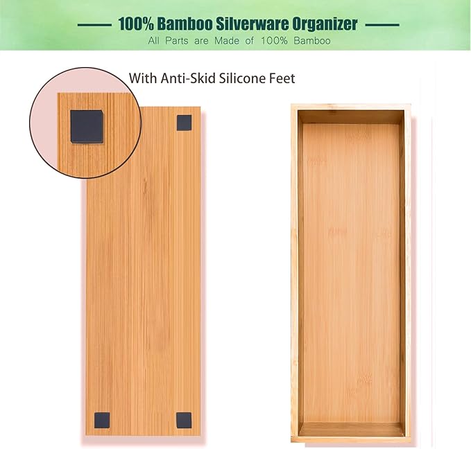 Silverware Drawer Organizer, Utensil Organizer, Bamboo Storage Box Wood Tray for Drawer Set of 2