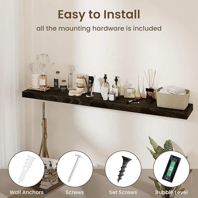 fuqing 55 Inch Wide x 9.3 Inch Deep Natural Wood Floating Shelves - Set of 1 - Country Rustic Walnut Wooden Wall Mounted Shelves with Upgraded Metal Brackets