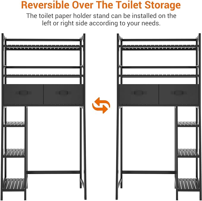 Homykic Over The Toilet Storage with 2 Drawers, Bamboo Above Toilet Shelf Organizer, Bathroom Tower Rack with Toilet Paper Holder Stand, Space Saver, Mass Storage, No Rust, Black