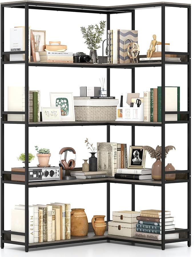 Tangkula Large Corner Bookshelf, 90 Degrees 5-Tier Industrial Wood Open Corner Bookcase for Small Spaces, Heavy-Duty Metal Frame, 71”H L-Shaped Storage Display Rack for Living Room (Oak)