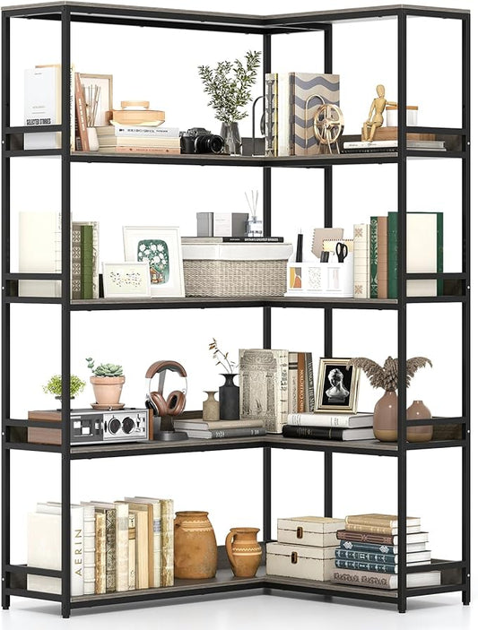 Tangkula Large Corner Bookshelf, 90 Degrees 5-Tier Industrial Wood Open Corner Bookcase for Small Spaces, Heavy-Duty Metal Frame, 71”H L-Shaped Storage Display Rack for Living Room (Oak)
