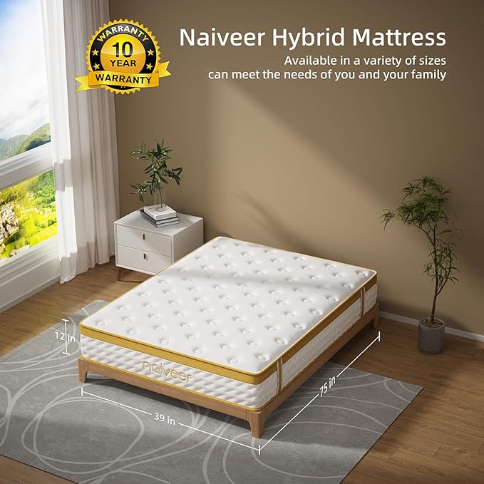 Twin Mattress, 12 Inch Cooling Gel Memory Foam Mattress, Innerspring Hybrid in a Box with Pocket Springs for Pressure Relief and Breathable Medium Firm Feeling with CertiPUR-US Certified Foam