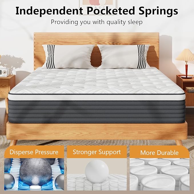 Queen Mattress, 14 Inch Queen Size Mattress in a Box, Hybrid Memory Foam Mattresses with Pocket Spring for Lumbar Support & Pressure Relief & Motion Isolation, Medium Firm, CertiPUR-US Certified