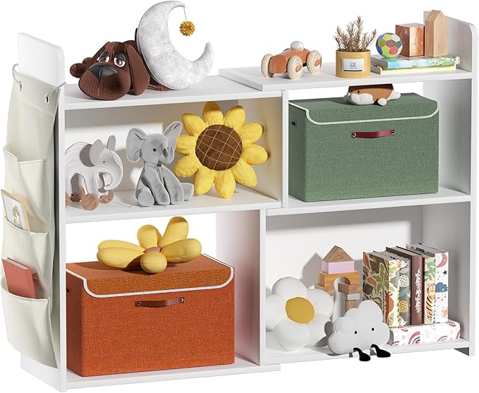 4 Cube Storage Organizer, 32inch Wooden Extendable Book Shelf DIY Bookcase with 2 pcs Storage Cabinet and Side Pockets, Open Storage Cabinet for Living Room, Bedroom, Home, Office