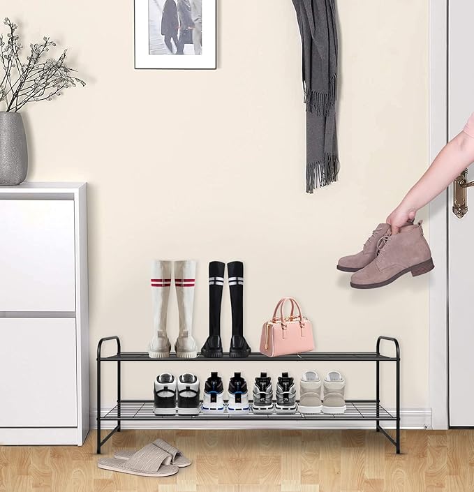 KEETDY 2-Tier Long Shoe Organizer for Closet Metal Shoe Rack for Entryway, Wide Stackable Shoe Shelf Storage with Sturdy Wire Grid for Closet Floor, Bedroom, Black