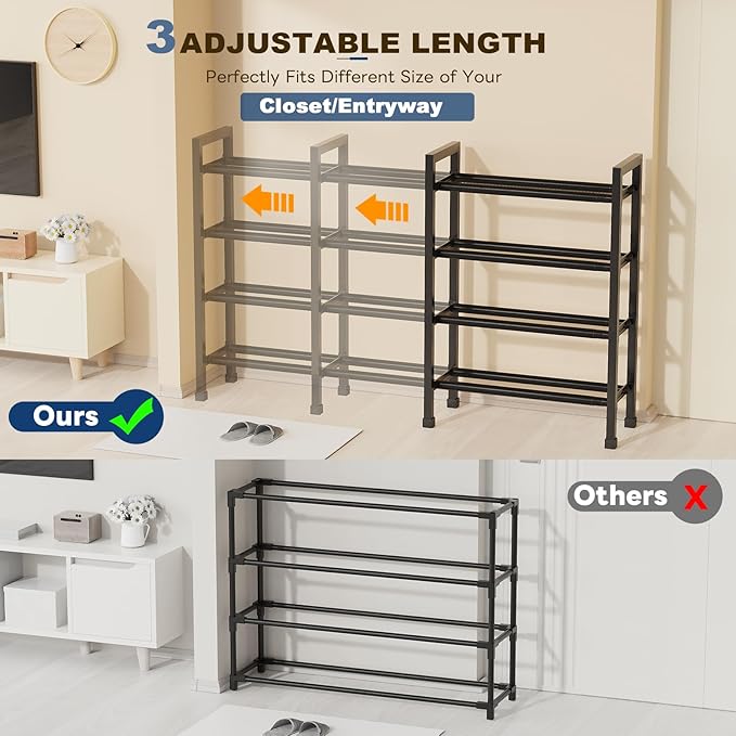 Mavivegue Expandable Shoe Rack, 4-Tier 19"-43.3" Adjustable Shoe Rack for Closet,Hall Entryway,Front Door,Garage, Sturdy Steel Space-Saving Rack, Black