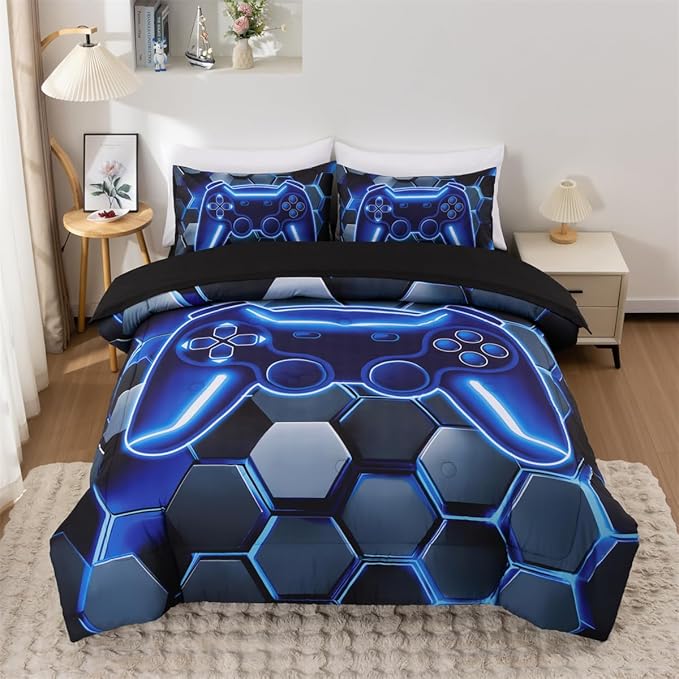 NTBED 3D Gaming Comforter Set for Boys Kids Teens,5pcs Gamer Bedding Sets with Sheet,Game Console Bed in a Bag (Blue, Full)