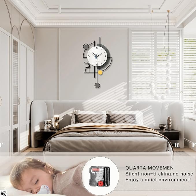 FLEBLE Extra Large Wall Clock for Living Room Decor Modern Wall Clocks Decorative Silent Battery Operated Non-Ticking for Bedroom Office Kitchen Indoor 32 inch Black Pendulum Wall Watch Clock for Home