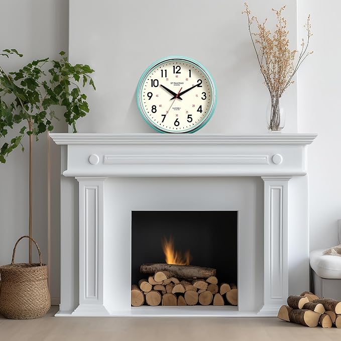 Wall Clock Metal 12.4" Vintage Retro Wall Clocks Countryside Style Silent Non Ticking Easy to Read for Living Room, Kitchen, Bedroom, Office, Bar(12.4" Teal)