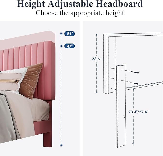 Allewie King Bed Frame, Velvet Upholstered Platform Bed with Adjustable Vertical Channel Tufted Headboard, Mattress Foundation with Strong Wooden Slats, Box Spring Optional, Easy Assembly, Pink