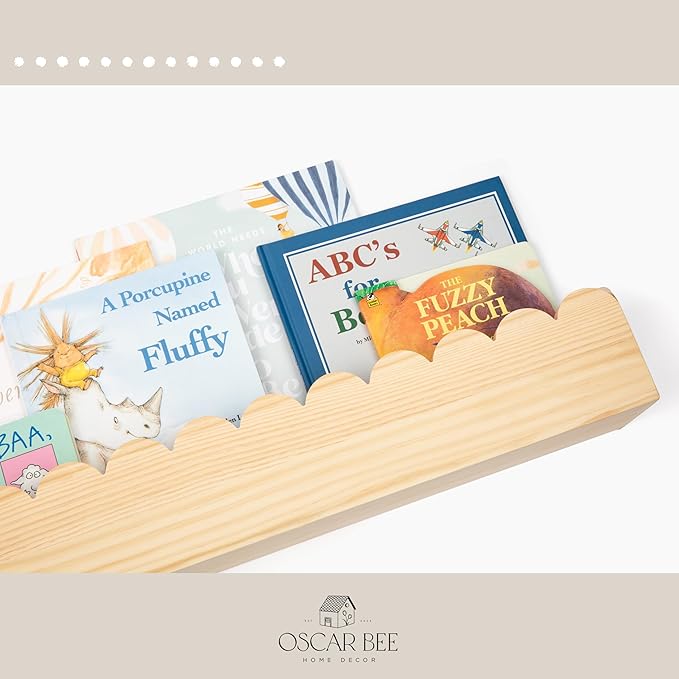 Scalloped Pine Bookshelf for Kids | Preassembled Montessori Wall Shelf | Drop-Resistant, Easy Install, 34" Wide, Nursery & Toddler Room Organizer