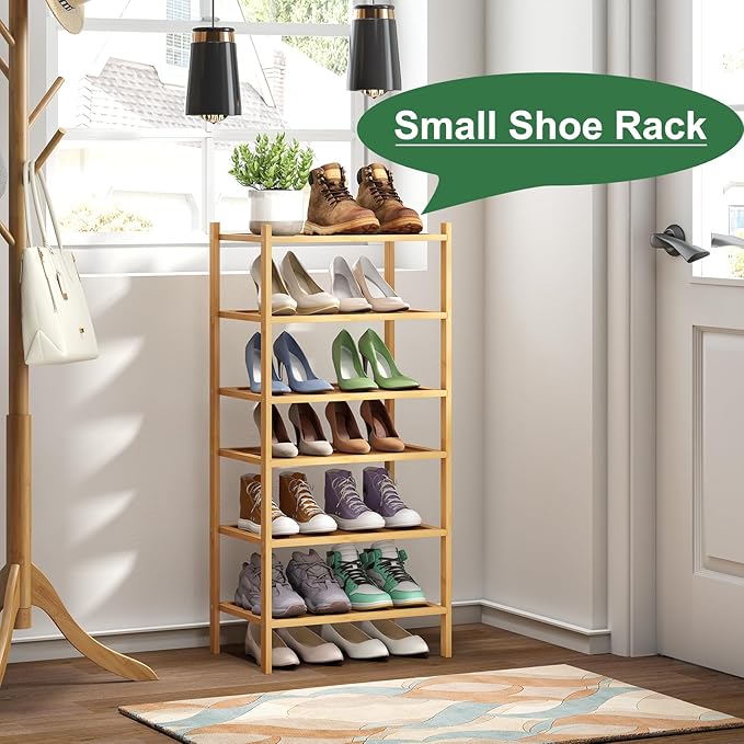 6-Tier Small Bamboo Shoe Rack for Entryway, Stackable | Foldable | Natural, Shoe Organizer for Hallway Closet, Free Standing Shoe Racks for Indoor Outdoor