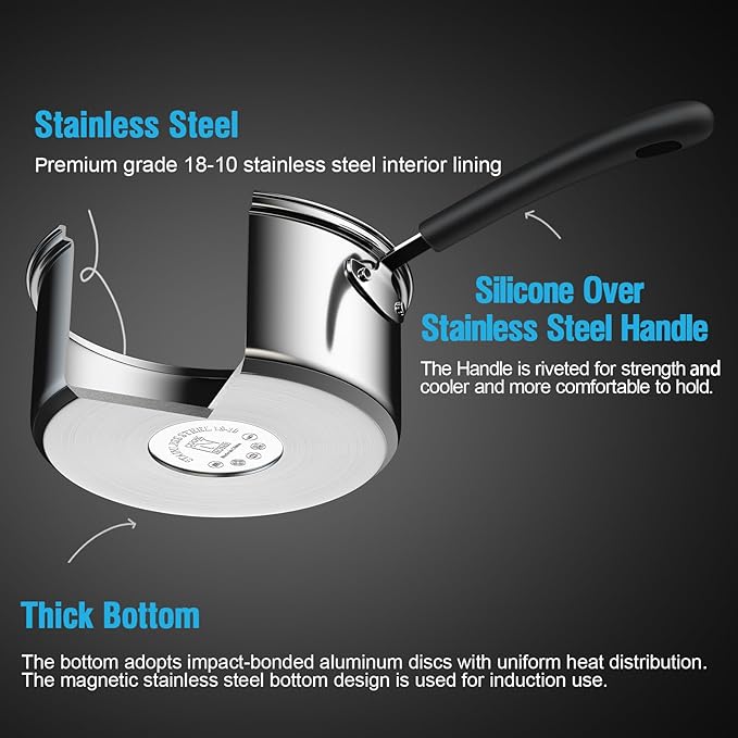 Cook N Home Saucepan Sauce Pot with Lid 1 Quart Stainless Steel , Stay Cool Handle, silver